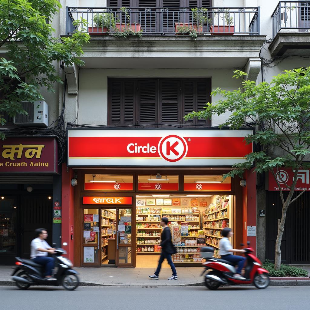 Hình ảnh mặt tiền cửa hàng Circle K số 32 Đào Duy Từ, Hoàn Kiếm, Hà Nội giữa lòng phố cổ.